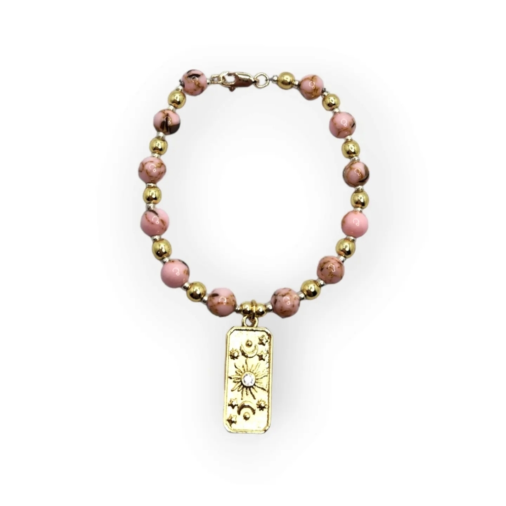 Pink Jasper, Golden Hematite, Sun gold plated charm bracelet 6 mm